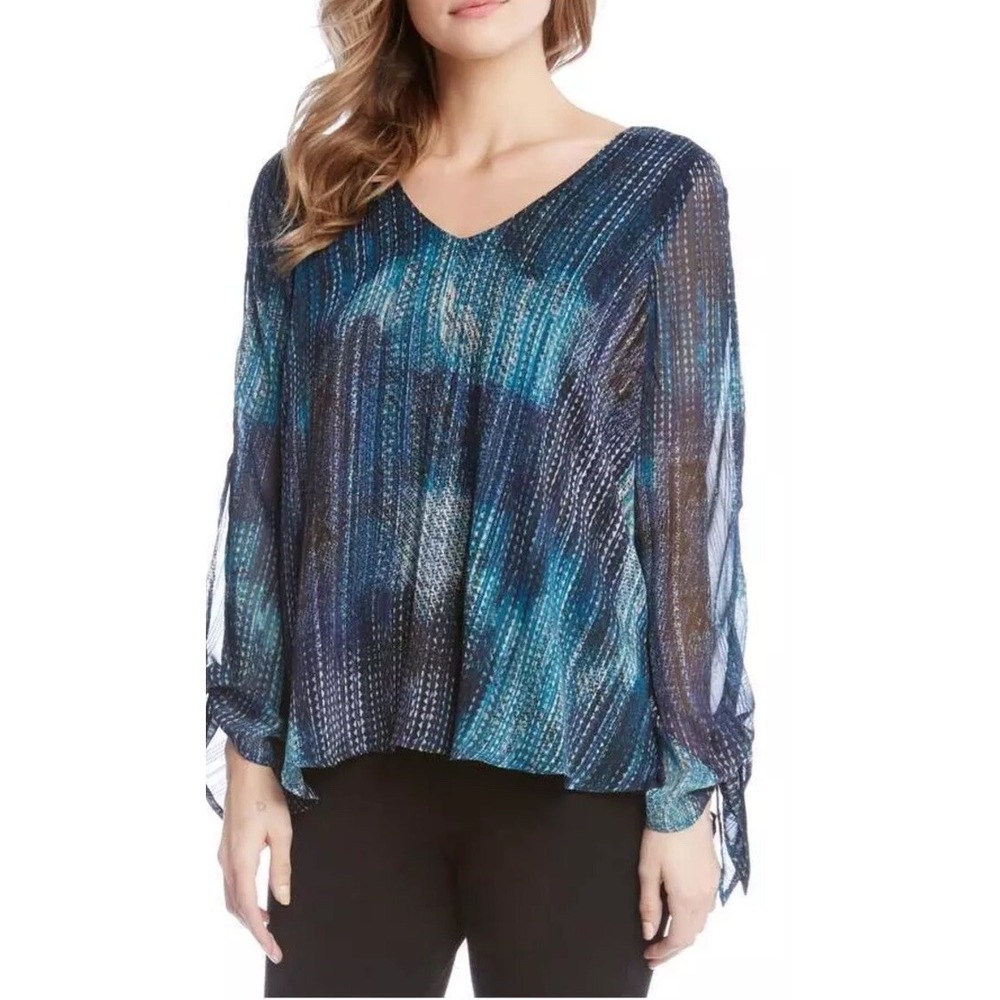 Karen Kane Haute Stuff Blue Split Tie Sleeve Metallic Blouse Top L